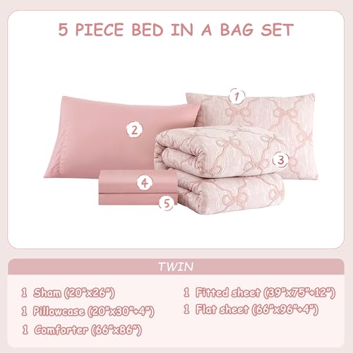 Wink Deer Twin Comforter Set with Sheets for Girls-5 Pieces Twin Bedding Sets with Pink Comforter, Sheets, Pillowcase & Sham for Kids (Pink Diamond, 66" X 86") Wink Deer