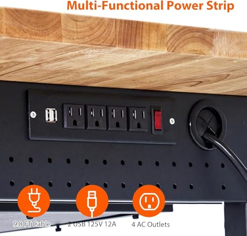 Workbench 60" x 22" Adjustable Height Worktable, Heavy Duty Rubber Wood Top, 2000 LBS Load Capacity, Tool Storage Workstation with Drawer, Pegboard, Power Outlets & Lockable Wheels, with Drawer Back IDEALHOUSE