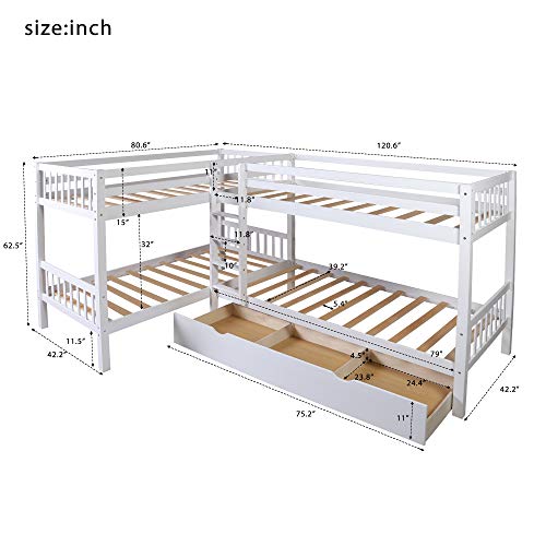 Harper & Bright Designs Twin L-Shaped Bunk Bed with Storage Drawers, Wooden Bunk Bed for 4, White Harper & Bright Designs