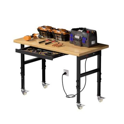 Granper 48" Heavy Duty Solid Wood Work Bench, Work Table with Drawers, Portable Garage Workbench with Wheels and Power Outlet, 3000 LBS Load Capacity, Rolling Tool Workbench for Workshop, Office, Home