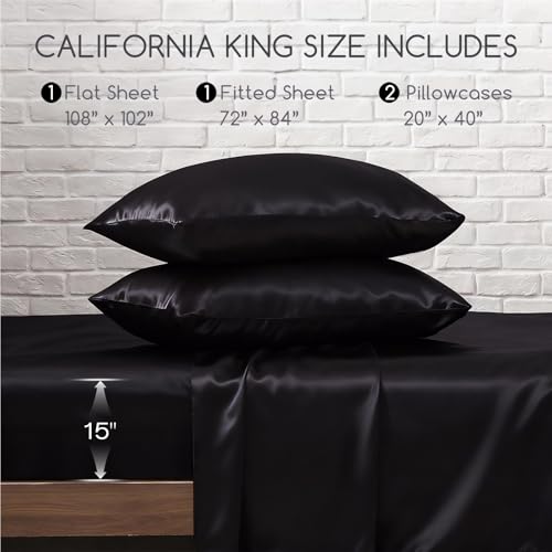 MR&HM Satin Bed Sheets, California King Size Sheets Set, 4 Pcs Silky Bedding Set with 15 Inches Deep Pocket for Mattress (California King, Black) MR&HM