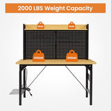 48L''Adjustable Height Workbench with Pegboard, Heavy Duty Wooden Desktop Workbench with Wheels, 2000 lb. Load Capacity, Rolling Workbench with AC/USB Outlet, Hooks, Shelf (Yellow+Black, 48''L) Clyrava