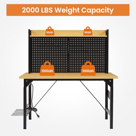 48L''Adjustable Height Workbench with Pegboard, Heavy Duty Wooden Desktop Workbench with Wheels, 2000 lb. Load Capacity, Rolling Workbench with AC/USB Outlet, Hooks, Shelf (Yellow+Black, 48''L) Clyrava