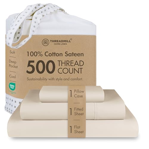 Threadmill - 5 Star Hotel Twin Sheet Set 100% Cotton Sheets, 500 Thread Count, Deep Pocket, Snug Fit, Soft & Crisp Best Bedding Sheets Set 3 Piece Set (Twin, Beige) Threadmill