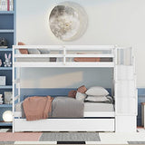 Twin Over Twin Bunk Bed with Trundle,Solid Wood Bunk Beds with Storage Stairs,Bunk Bed Twin Size with Stairs for Kids,Teens,Adults,White Bellemave