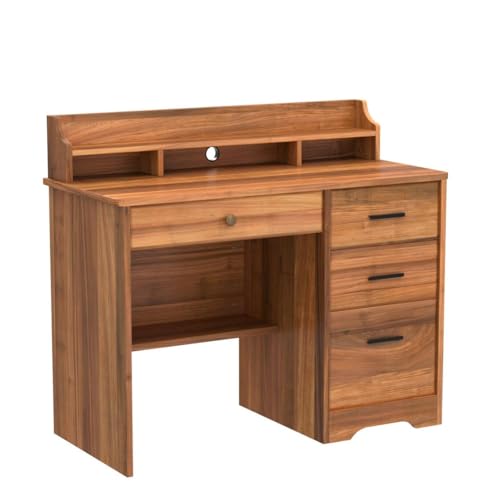 Catrimown Computer Desk with Drawers and Hutch, 44” Rustic Oak Wood Desk with 4 Drawers for Home Office Secretary Writing Table, Small Desk with File Drawer for Small Places, Rustic Oak Catrimown