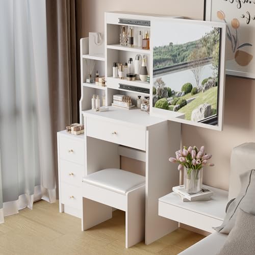 Elevon Small Makeup Vanity Desk with Sliding Mirror and Chair, Cushioned Stool, Extra Large Storage, Vanity Table with 4 Drawers & Muti-tier Shelves Dressing Desk with No Light for Bedroom, White