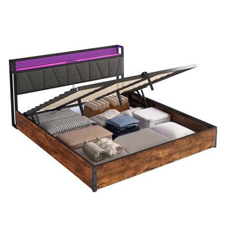 AMERLIFE King Size Lift Up Bed Frame with Linen Upholstered & LED Light & Storage Headboard, Platform Bed Frame with Charging Station, No Box Spring Needed, Noisy Free, Rustic Brown AMERLIFE