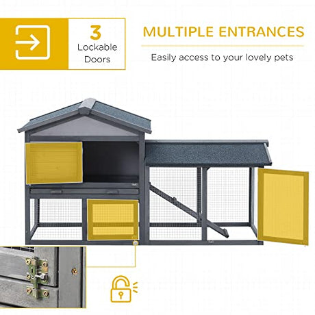 PawHut 58" Rabbit Hutch, Wooden Bunny Hutch, Guinea Pig Cage, Small Animal Enclosure with Run Area, Removable Tray, Asphalt Roof, Lockable Doors and Ramp, Dark Gray PawHut