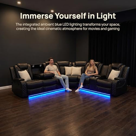Bicerkib Leather Sectional Sofa with Recliner,Power Recliner Sectional Couches for Living Room Furniture Sets,Leather L Shaped Reclining Sofa with LED Lights/Storage Console/Cup Holders,Black Bicerkib