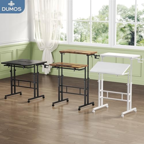 DUMOS Split Top Rolling Standing Desk, 23.6 Inch Mobile Laptop Computer Desk, Manual Adjustable Height Workstation on Wheels, Sit Stand Office Table, Walking Pad Study Desk, Rustic Brown DUMOS