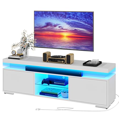 DWVO LED TV Stand for 65 inch TV w/Power Outlet, TV Stands for Living Room, Entertainment Center with Storage, Modern Television Stand, Gaming Media Stand White