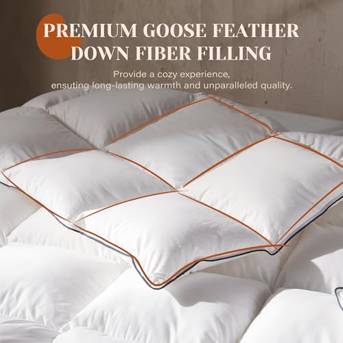 Richtry Goose Feather Down Fiber Comforter Queen Size, Fluffy Cotton Quilted White Duvet Insert, Ultra-Soft, Breathable, Luxury Bedding Comforter All Season Medium Warmth with Corner Tabs, 90x 90Inch Richtry