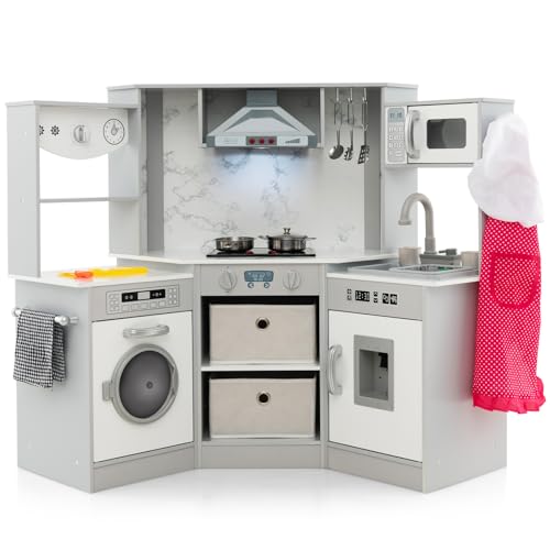 HONEY JOY Corner Kids Kitchen Playset, Wooden Play Kitchen for Toddlers, Range Hood, Water Circulation, Water Dispenser, Storage Box, Little Chef Pretend Toy Kitchen Set w/Lights & Sounds, Gray HONEY JOY