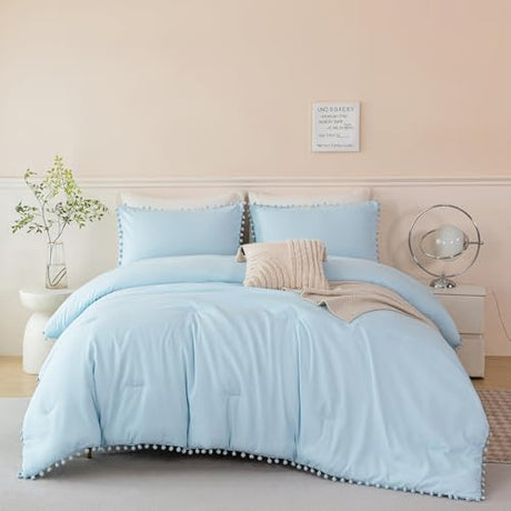 PERFEMET 5 Pieces Full Bed in A Bag Light Blue Pom Pom Bedding Set for Girls Boys Soft Fluffy Boho Solid Bedding Comforter Set with Sheets(Light Blue, Full) PERFEMET