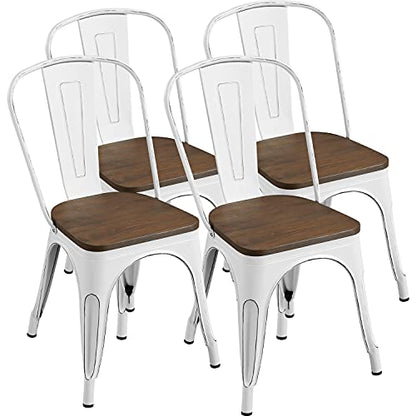 Yaheetech Set of 4 Metal Dining Chairs with Wood Seat Metal Side Chairs Kitchen Chairs with Back Bistro Café Trattoria Kitchen, Distressed White