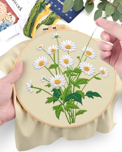 ERKOON Embroidery Kit for Beginners, Flower Cross Stitch Set Include Embroidery Cloth Hoops Threads for Craft Lover Hand Stitch with Embroidery Skill Techniques (Daisy) ERKOON
