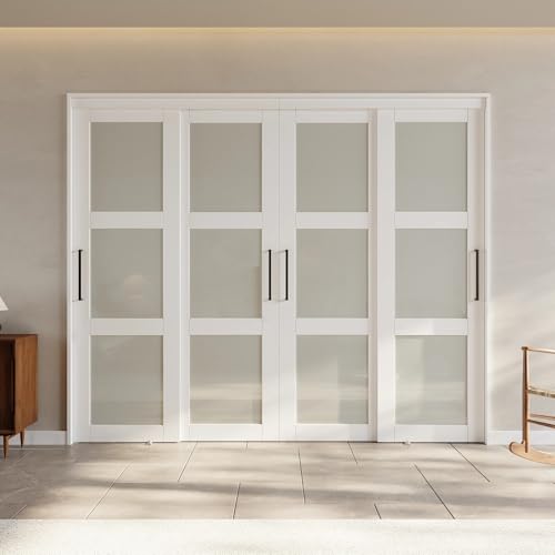 80" Assembled White Prefinished 3-Lite Tempered Frosted Glass Sliding Door Room Divider with Hardware & Handles, 96" x 80" ARK DESIGN