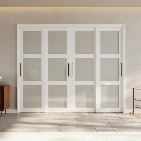 80" Assembled White Prefinished 3-Lite Tempered Frosted Glass Sliding Door Room Divider with Hardware & Handles, 96" x 80" ARK DESIGN
