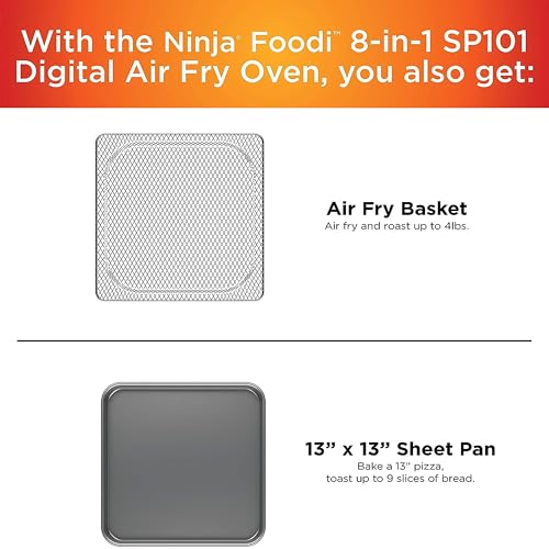 Ninja SP101 Digital Air Fry Countertop Oven with 8-in-1 Functionality, Flip Up & Away Capability for Storage Space, with Air Fry Basket, Wire Rack & Crumb Tray, Silver Ninja