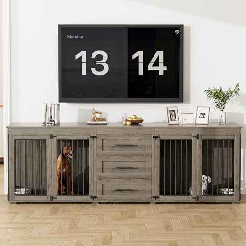 OUYESSIR 94.5" Large Dog Crate Furniture for 2 Dogs, Double Wooden Dog Kennel Furniture with 4 Dog Bowls & 3 Drawers, Heavy Duty Indoor Furniture Style Dog Cage TV Stand/Table/House, Grey OUYESSIR