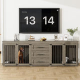 OUYESSIR 94.5" Large Dog Crate Furniture for 2 Dogs, Double Wooden Dog Kennel Furniture with 4 Dog Bowls & 3 Drawers, Heavy Duty Indoor Furniture Style Dog Cage TV Stand/Table/House, Grey OUYESSIR