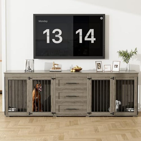OUYESSIR 94.5" Large Dog Crate Furniture for 2 Dogs, Double Wooden Dog Kennel Furniture with 4 Dog Bowls & 3 Drawers, Heavy Duty Indoor Furniture Style Dog Cage TV Stand/Table/House, Grey OUYESSIR