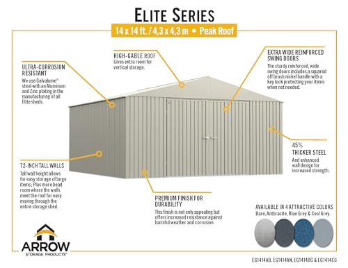 Arrow Shed Elite 14' x 14' Tall Outdoor Steel Storage Shed with High Gable and Lockable Doors Storage Building, Blue Grey Arrow