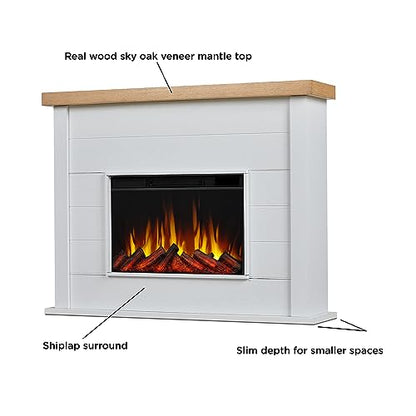 Real Flame Marshall 49" Slim Electric Fireplace with Mantel for Living Room or Bedroom, Replaceable Fireplace Insert Heater, Realistic Log and Flame Effect, Remote Control, White