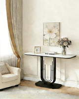 39.37'' Rectangle Narrow Console Table with Marble Top, Elegant Sofa Table Modern Entryway Tables, Round-Shaped Metal Frame, for Entry, Behind Sofa Couch, Entrance, White & Black Metal Base Cre Cra