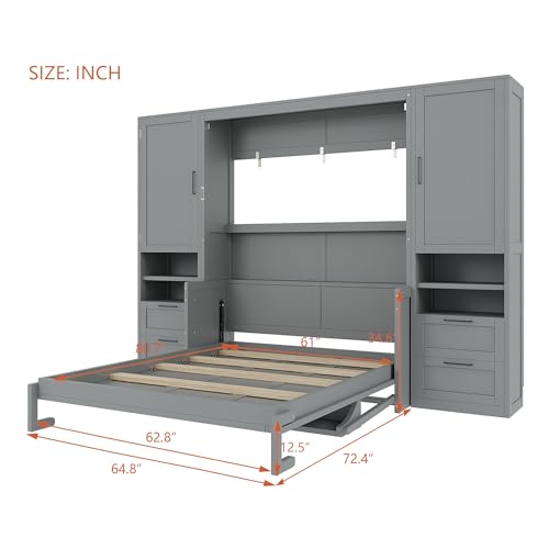 Merax Queen Size Murphy Bed with Desk, Space-Saving Wall Bed Frame with Closet, Drawers and Shelves, Foldable Platform Bed for Small Spaces Studio Study Office Guest Room, Gray Merax