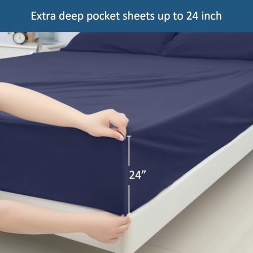 Queen Sheet Set for Air Mattress - Sheets Queen Size Bed Set - 3Pcs Side Storage Pocket Fitted Sheet & Pillowcases Easily Fits 16in to 24in Pillow Top Air Bed Mattress - Navy Blue Moonsea