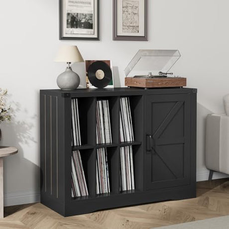 GarveeHome Farmhouse Record Player Stand with Barn Doors, 39.4" Turntable Table with Display Shelves, Wooden Media Console & LP Record Holder for Living Room, Black GarveeHome