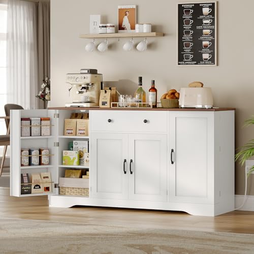 Brinlawb Buffet Cabinet with Storage & Charging Station, 53" Farmhouse Coffee Cabinet with Compartment Drawer, Sideboard Cabinets with Door and Adjustable Shelves for Kitchen, White Brinlawb