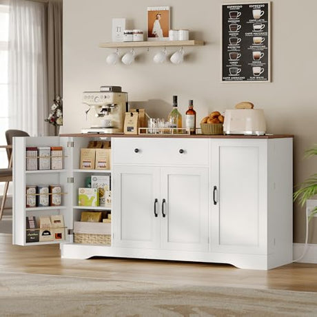 Brinlawb Buffet Cabinet with Storage & Charging Station, 53" Farmhouse Coffee Cabinet with Compartment Drawer, Sideboard Cabinets with Door and Adjustable Shelves for Kitchen, White Brinlawb