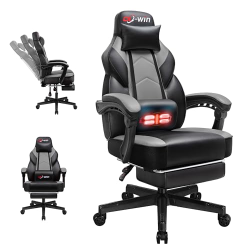 DL-win Gaming Chairs for Adults, Computer Chair with Footrest and High Back, Big and Tall Gamer Chair's with Massage Lumbar Support, 360° Swivel Height Adjustable Gaming Chair, Grey DL-win
