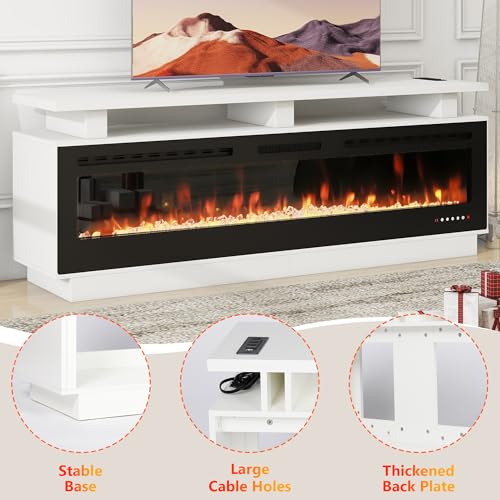 Fireplace TV Stand with 70" Smart Electric Fireplace, Wood Fireplace with Mantel, Modern Fire Place Cabinet with Socket for Living Room Farmhouse Entertainment Center (White, 70 ”) ROCSUMOO