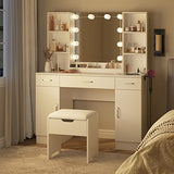 Vabches Makeup Vanity Table with Lighted Mirror & Power Strip, Large Vanity Set Vanity Desk with Storage Stool, 3 Lighting Modes, Brightness Adjustable, 45.2in(L) Vabches
