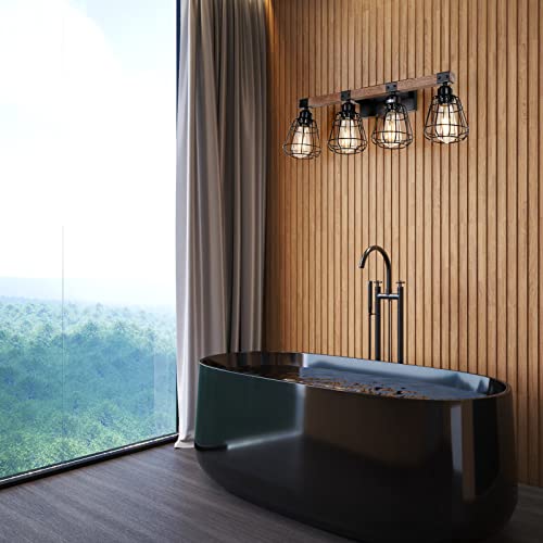 TELAFLY Bathroom Vanity Light Fixture,Rustic 4-Light Wood Wall Light,Industrial Bathroom Lighting Fixture Over Mirror,Modern Matte Black Metal Cage Wall Sconce for Hallway,Kitchen,Bedroom TELAFLY