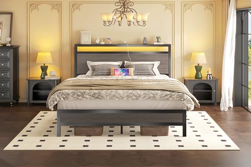 Fluest Queen Bed Frame with Headboard & Footboard, Bed Frame with Built-in Charging Station & LED Light, Storage Shelf, Noise-Free, No Box Spring Needed, Easy Assembly, Rustic Grey Fluest