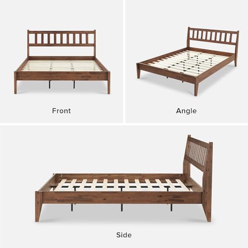 Ted Mid Century Modern Acacia Queen Bed Frame with Slatted Headboard and Double Metal Support - WoodArtSupply