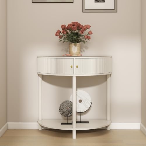 Majnesvon 31.5" Half Moon Console Table, Wood Entryway Table with Storage Drawers, Hallway Console Tables for Entryway, Living Room, Foyer (White) Majnesvon
