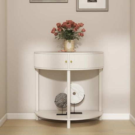 Majnesvon 31.5" Half Moon Console Table, Wood Entryway Table with Storage Drawers, Hallway Console Tables for Entryway, Living Room, Foyer (White) Majnesvon