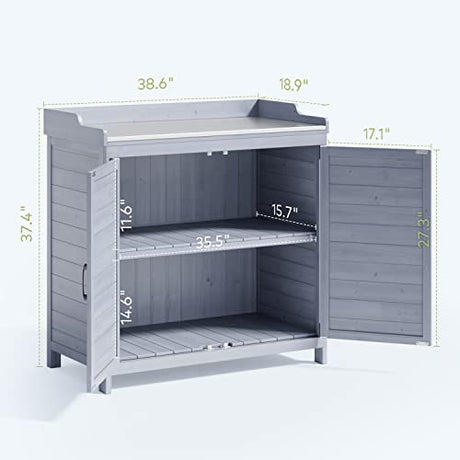 Gizoon Outdoor Potting Bench with Metal Tabletop, Outdoor Garden Patio Wooden Storage Cabinet with Adjustable Shelf, Double Doors Garden Work Bench for Backyard, Patio, Lawn - Grey Gizoon