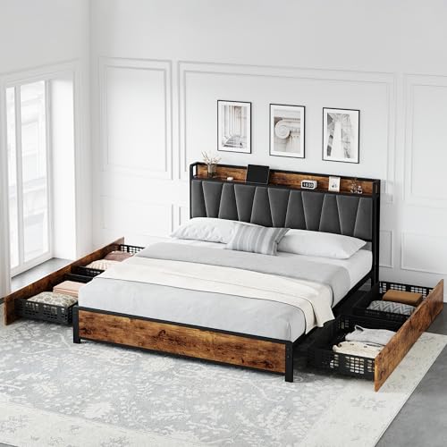GarveeHome King Size Bed Frame with 4 Storage Drawers, Upholstered Storage Charging Headboard, Heavy Duty Metal Platform Bed Frame, Noise Free, No Box Spring Needed, Rustic Brown GarveeHome