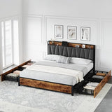 GarveeHome King Size Bed Frame with 4 Storage Drawers, Upholstered Storage Charging Headboard, Heavy Duty Metal Platform Bed Frame, Noise Free, No Box Spring Needed, Rustic Brown GarveeHome