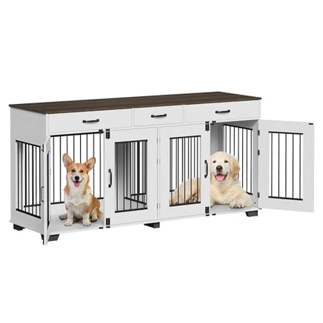71'' Dog Crate Furniture, Wooden Indoor Dog Kennel for 2 Dogs with 3 Drawers and Removable Room Divider, XXL Double Dog Crate TV Stand End Table with Double Doors for Large Medium Dogs, White GAOMON