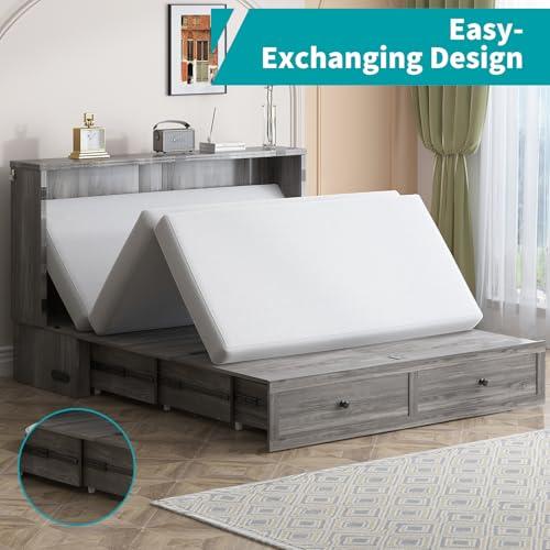 BALUS Queen Murphy Bed with Mattress Included, Cabinet Beds with Tri-Fold Mattress, Murphy Cabinet Beds with USB Charging Station and Storage Drawers, Murphy Queen Bed for Bedroom, Dark Grey BALUS