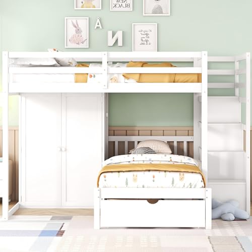 Ball & Cast Full Over Twin Bunk Bed with Safty Guardrail & Storage Stair,Wood Loft Bedframe W/Wardrobe & Drawers,Space-Saving Design,Easy Assembly,Versatile Furniture for Boy Girl Teen Bedroom,White Ball & Cast
