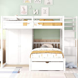 Ball & Cast Full Over Twin Bunk Bed with Safty Guardrail & Storage Stair,Wood Loft Bedframe W/Wardrobe & Drawers,Space-Saving Design,Easy Assembly,Versatile Furniture for Boy Girl Teen Bedroom,White Ball & Cast